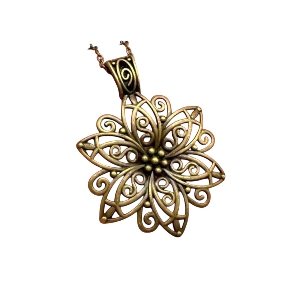 Antique style Bronze Filigree Flower Pendant Necklace Women's Long Chain Gift